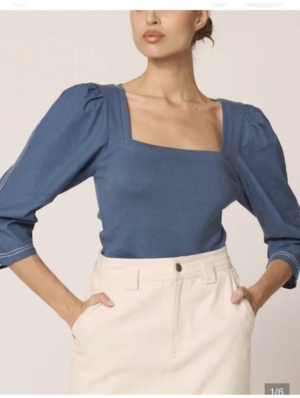 Cleobella Dusty Blue Cotton Ribbed Square Neck Balloon Sleeve Blouse Tee XS $148